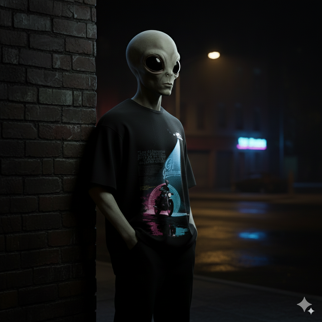 Un ser de aspecto alienígena (GH) con piel gris y grandes ojos oscuros, vistiendo una camiseta gris holgada y pantalones oscuros, caminando por una calle empedrada y sombría en un entorno urbano de estilo europeo antiguo por la noche.