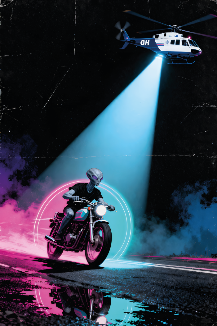 Ilustración de camiseta Guahapen con personaje alienígena en motocicleta huyendo en la noche urbana bajo luz de helicóptero.