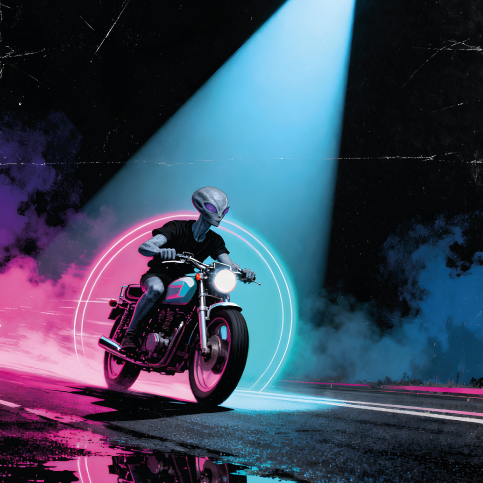 Guahapen escapando de la policía en motocicleta durante una persecución nocturna con helicóptero y luces de neón