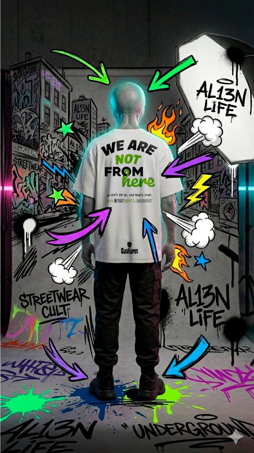 Alienígena de espaldas con camiseta blanca que dice "WE ARE NOT FROM HERE" en un entorno de estudio con graffitis.