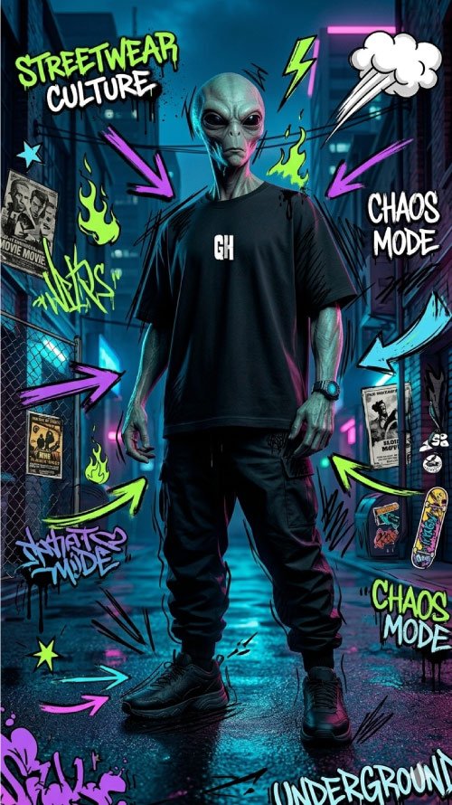 Alienígena con camiseta urbana en una calle con graffiti y luces de neón.