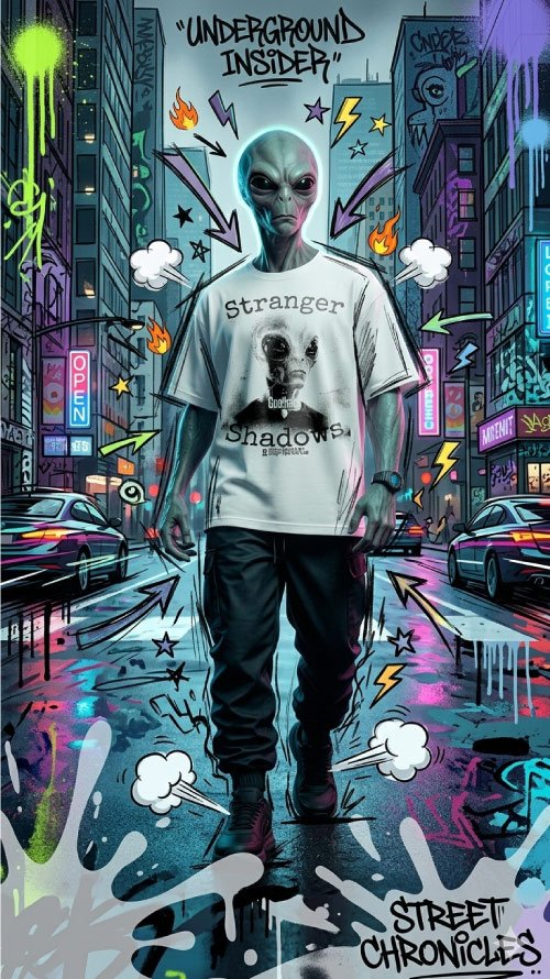 Alienígena con camiseta blanca de estilo urbano en un callejón futurista con neones y graffitis.