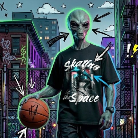 Alienígena con camiseta negra oversized GuaHapen y balón de baloncesto en entorno urbano nocturno.