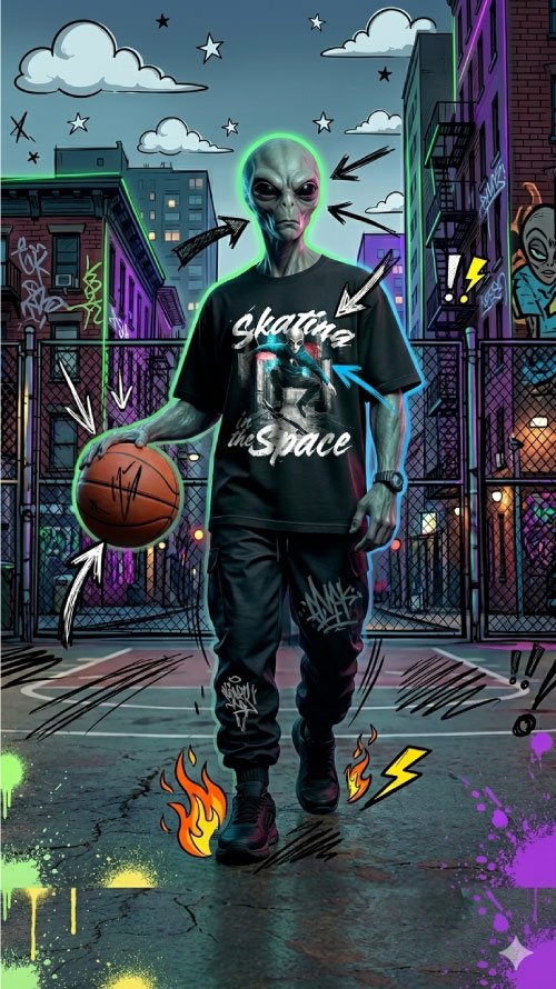 Alienígena con camiseta urbana y balón de baloncesto en una calle con graffiti y luces de neón.