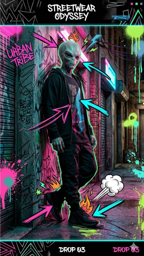 Alienígena con sudadera negra y pantalón cargo en un callejón oscuro con graffitis y luces de neón.