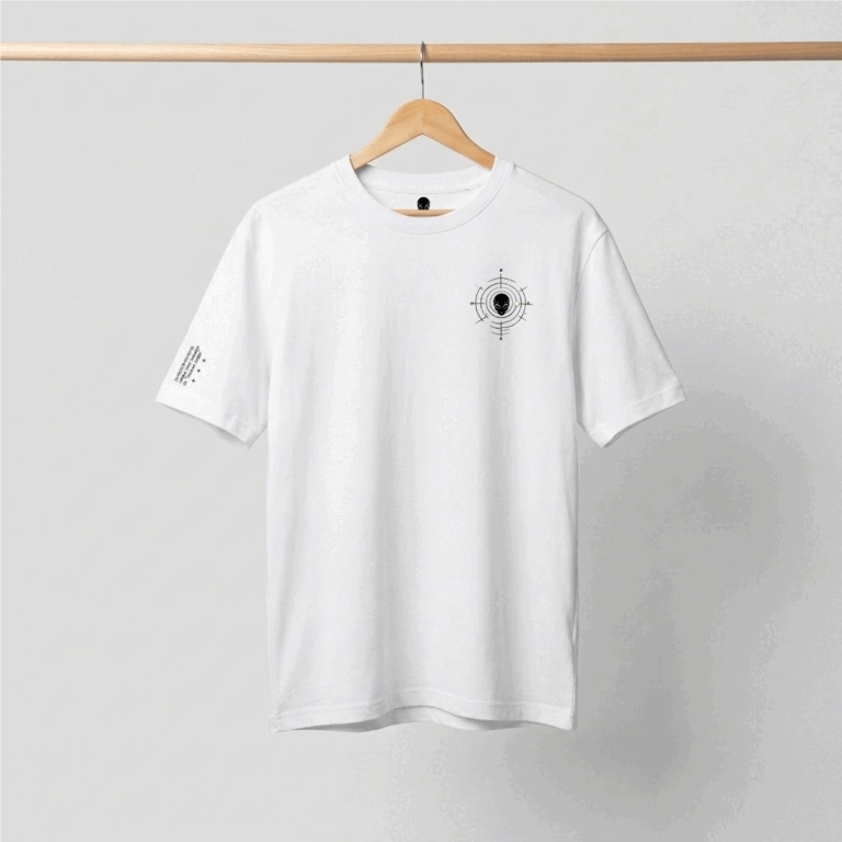 Camiseta oversized blanca GuaHapen vista frontal y trasera con ilustración de alien y coordenadas