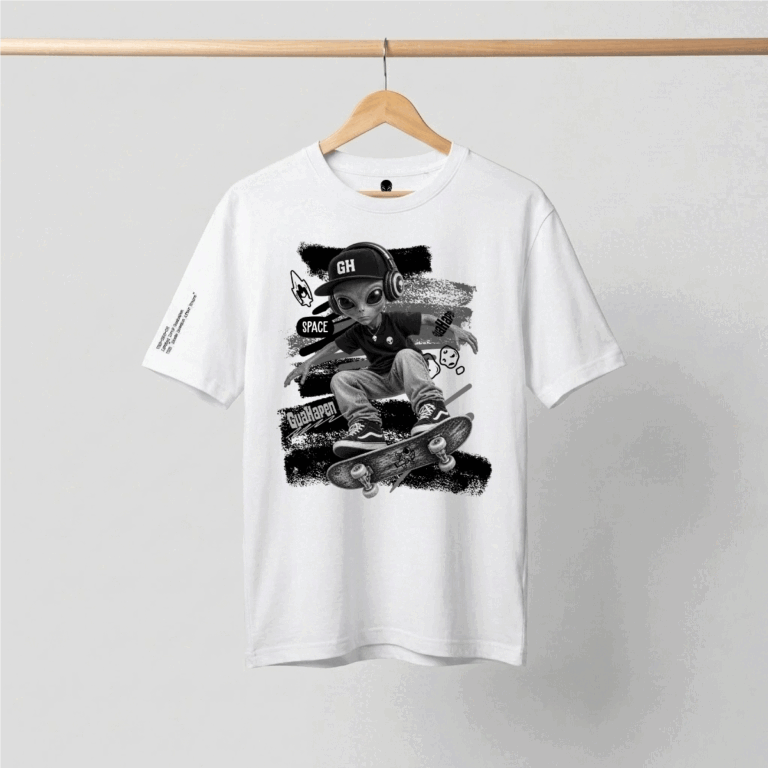 Camiseta oversized blanca GuaHapen con estampado frontal de alien skater con gorra GH, audífonos y patineta
